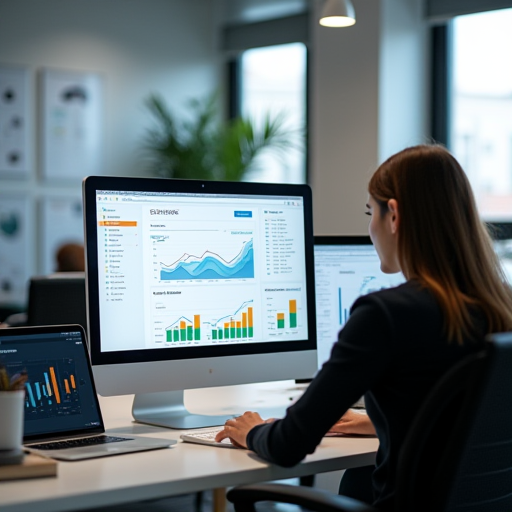 SEO analizlerini gösteren bir bilgisayar ekranı ve bir kişi laptop üzerinde çalışırken