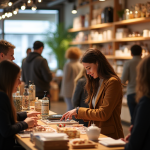 Müşterilerin canlı müzik eşliğinde alışveriş yaptığı bir perakende mağazası.