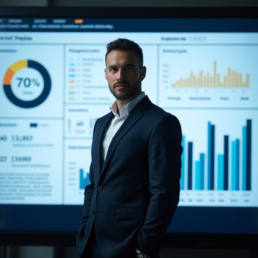 Businessman standing in front of a social media dashboard