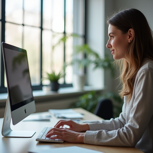 Bir kişi bilgisayar üzerinde yazarken modern bir ofis