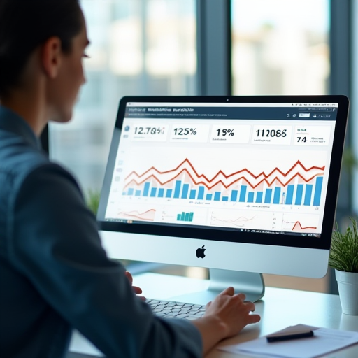 Bir kişi SEO analizi sonuçlarını gösteren bir panoya bakan bir bilgisayar kullanıyor.