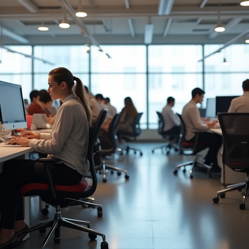 Modern bir ofiste, rahatlatıcı bir arka plan müziği eşliğinde çalışan çalışanlar.