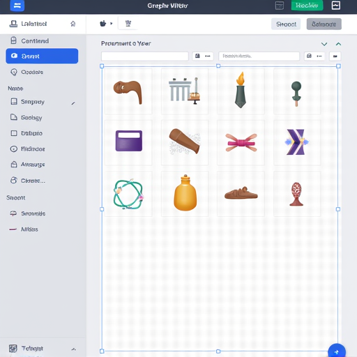 Görsel tasarım yazılımı kullanıcı arayüzü ve seçim için çeşitli nesneler ve karakterler