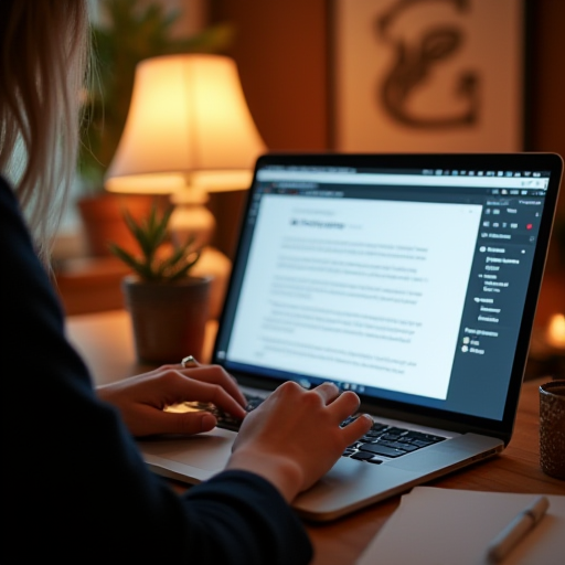 Bir kişi blog yazısı oluşturmak için bir içerik oluşturma arayüzü kullanan bir bilgisayar kullanıyor.