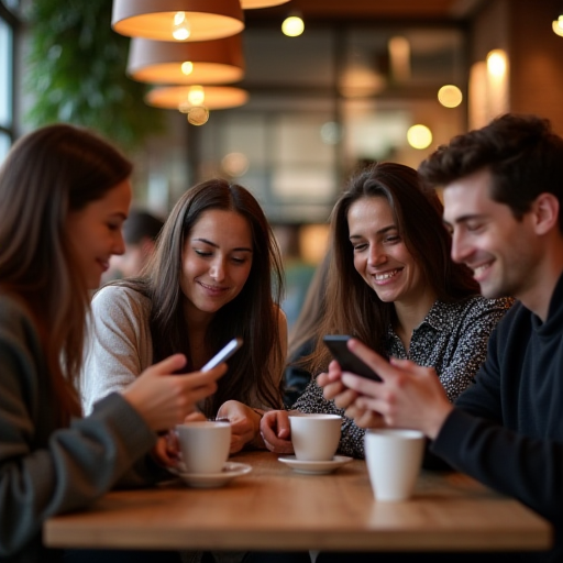 Kahve dükkanında müzik dinleyen arkadaşlar.