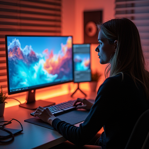 Bir kişi bir bilgisayar kullanarak görseller oluşturuyor