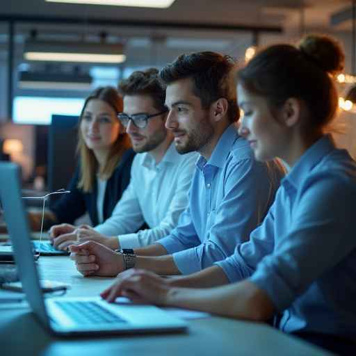 Yapay zeka araçlarıyla birlikte çalışan küçük işletme ekibi